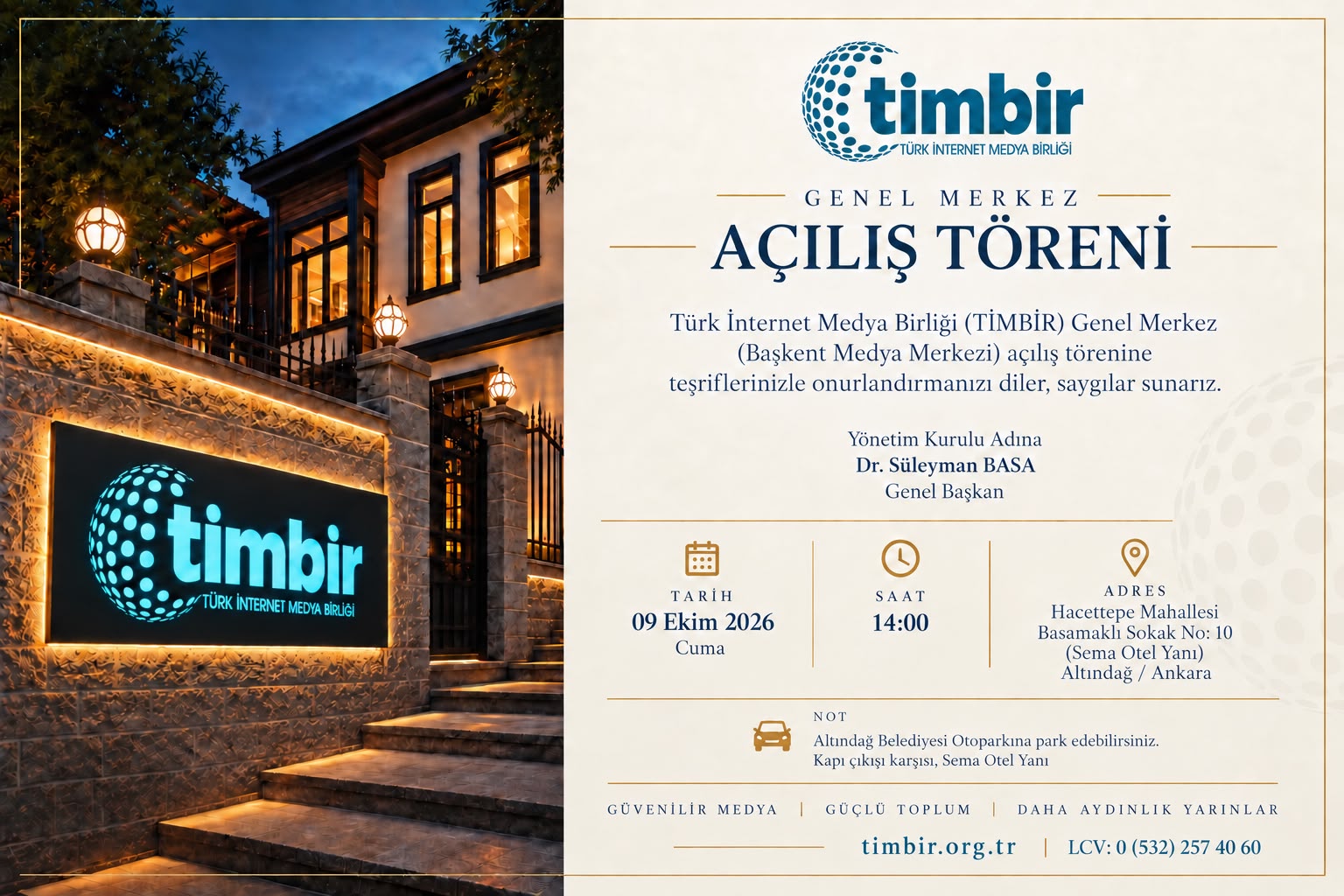TİMBİR Genel Merkez Açılış Töreni — 09 Ekim 2026 Cuma 14:00, Altındağ / Ankara